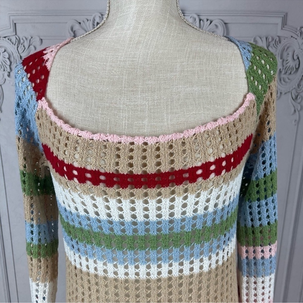 Casual Bohemian Crochet Long Sleeves Color Block Swimsuit Coverup Midi Dress - Picture 5 of 7